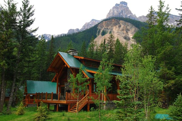 A house in the middle of the forest in the mountains