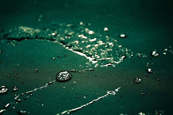 Macro photo of a drop on a green raincoat