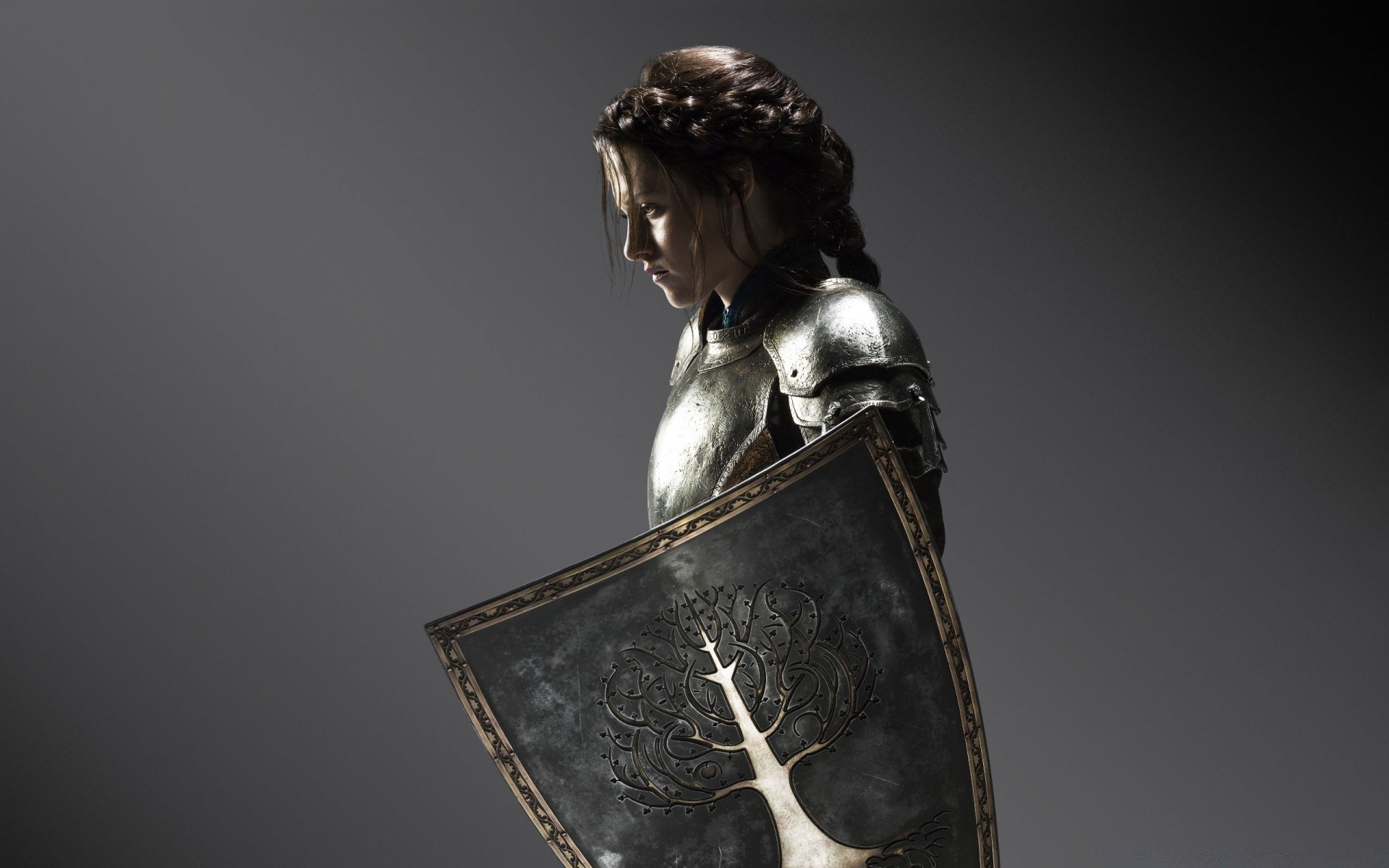 snow white & the huntsman one adult sculpture portrait armor wear veil sword helmet woman man metalwork side view vintage weapon art nude shield ancient