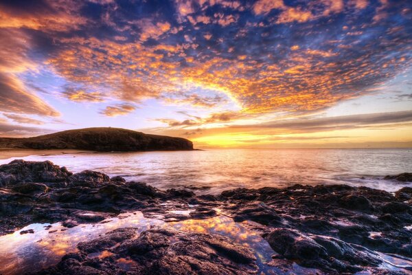 Sunset sea at dusk. Water