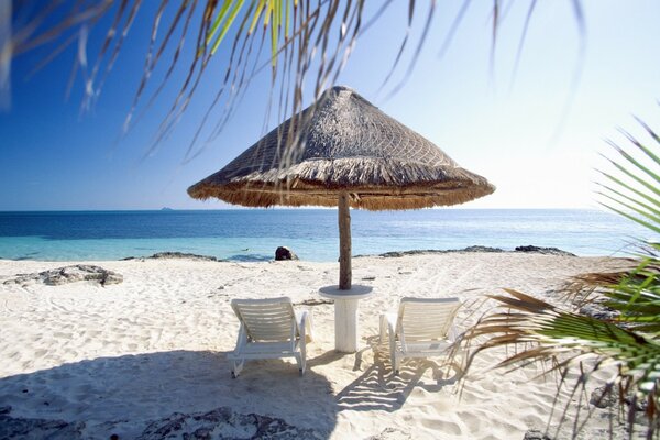 Gazebo on the shore of the sunny ocean