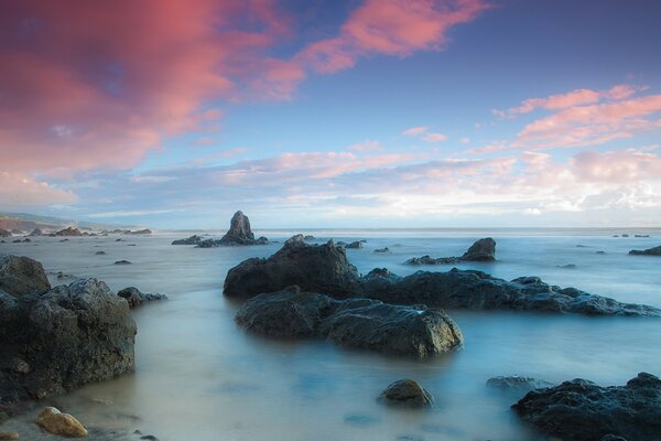 Seascape with pink sunset