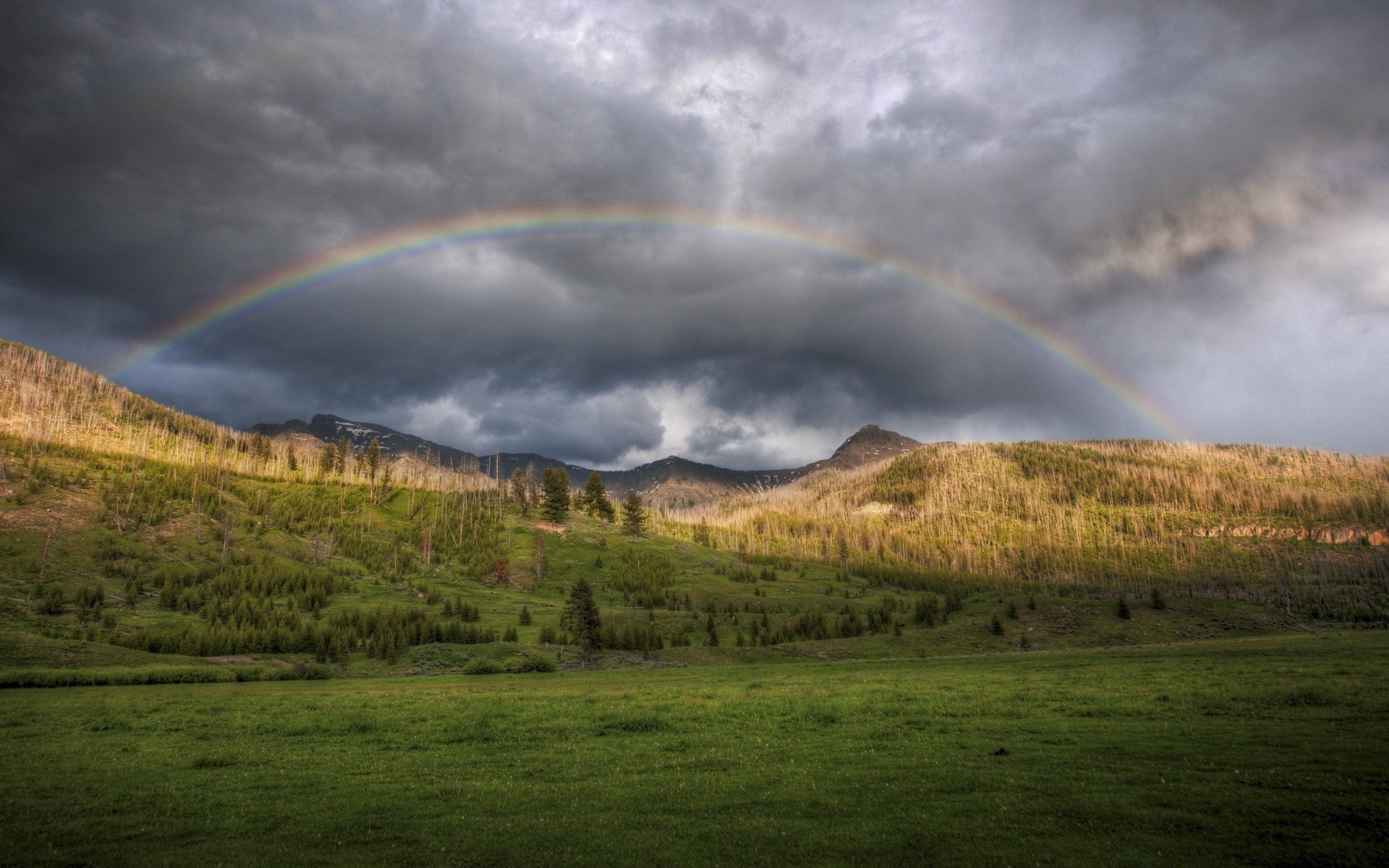 landscapes rainbow landscape storm rain sky cloud weather mountain scenic nature fog tree hill valley travel