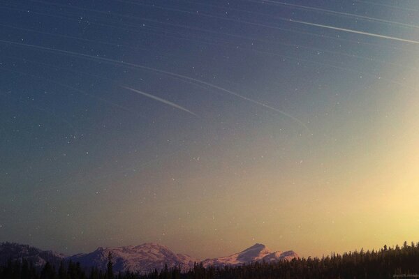 Sky mountains forest twilight stars