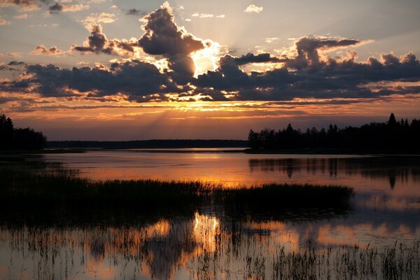 Beautiful reflection of sunset on the river