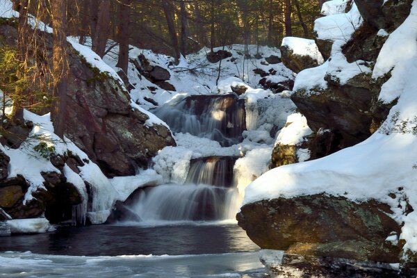 Beautiful waterfall in the winter forest