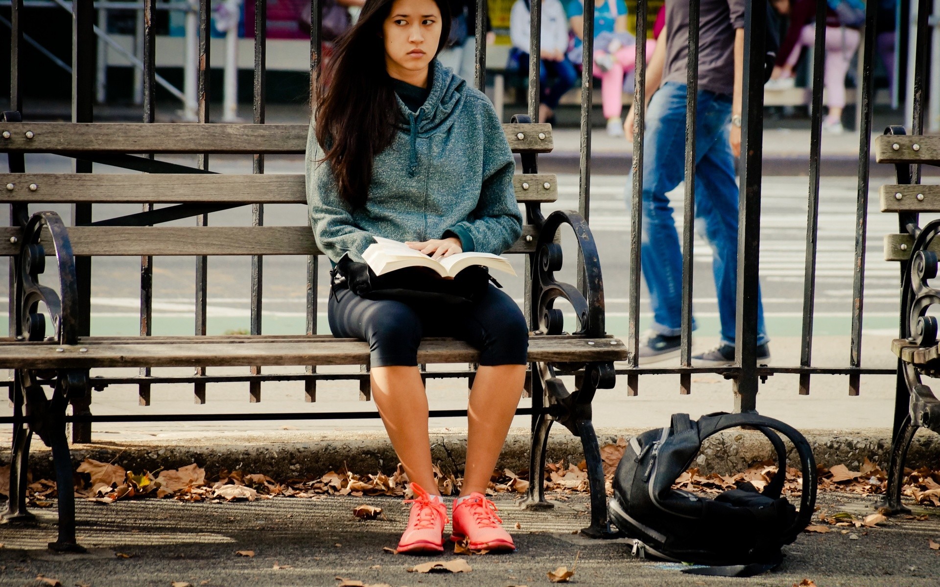 autumn woman bench street sit outdoors adult urban young girl child portrait city one person