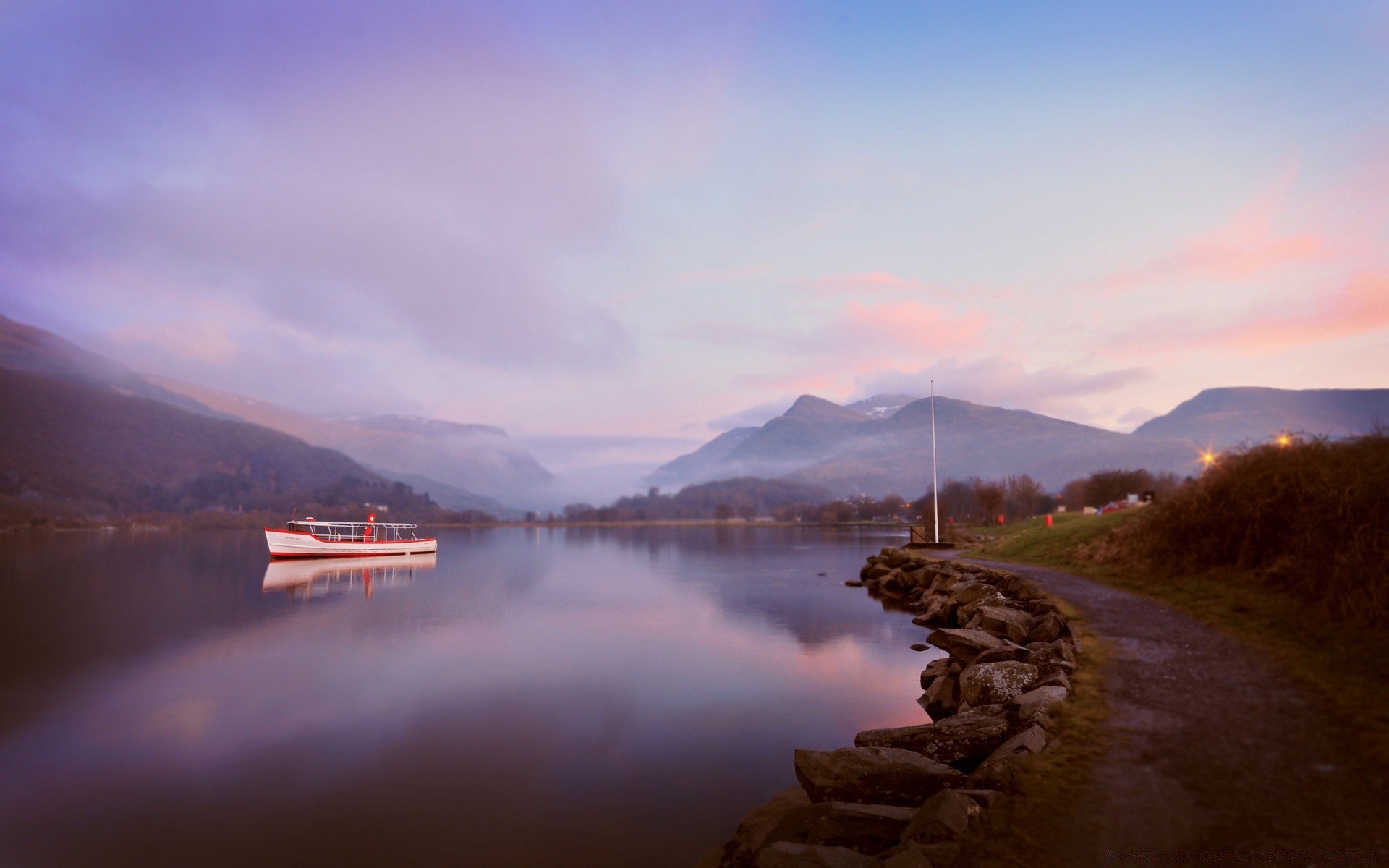 lake water dawn sunset landscape reflection mountain travel sky outdoors fog evening nature dusk river snow mist