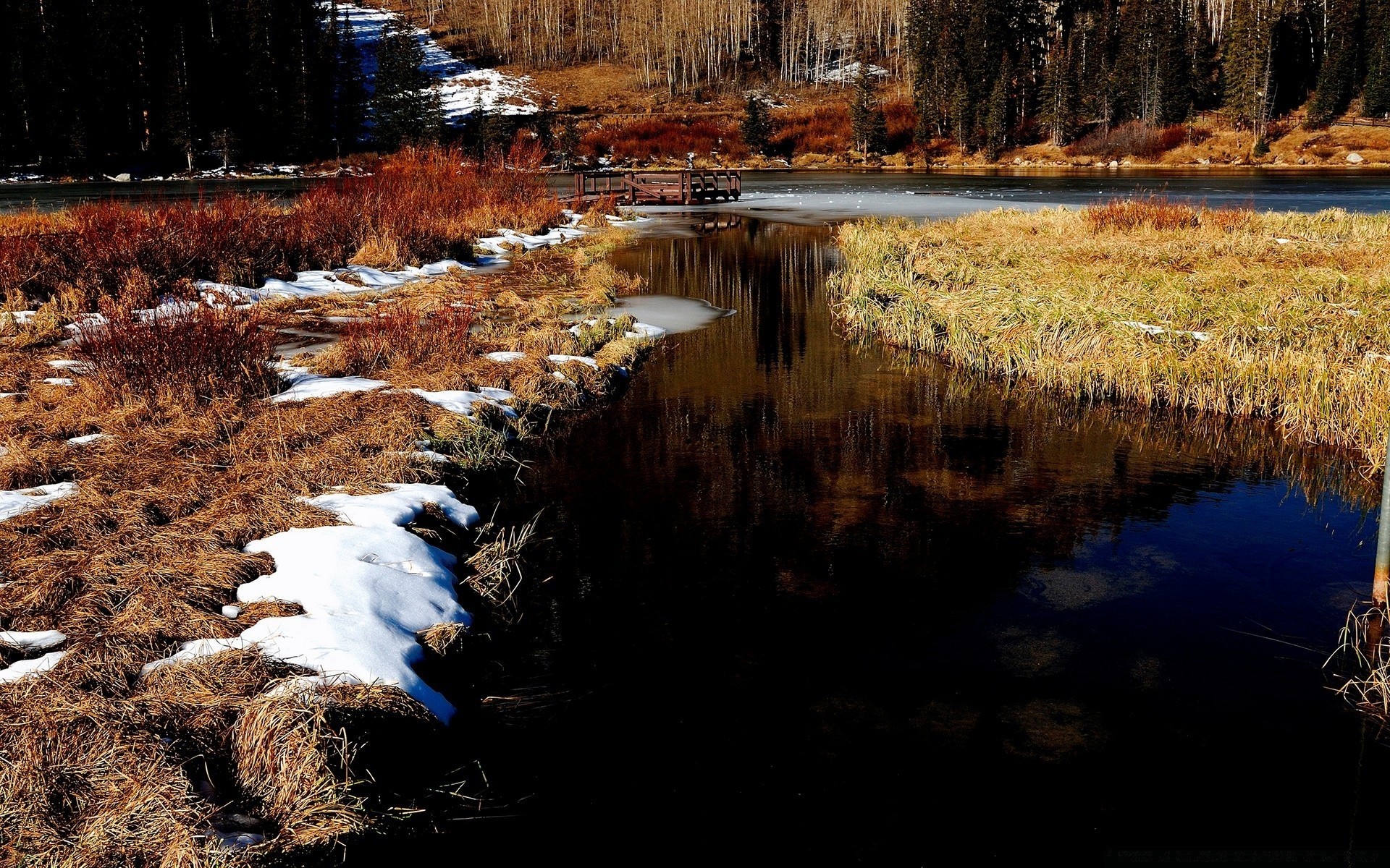 lake water river reflection landscape fall outdoors wood travel snow nature winter tree evening scenic cold stream park