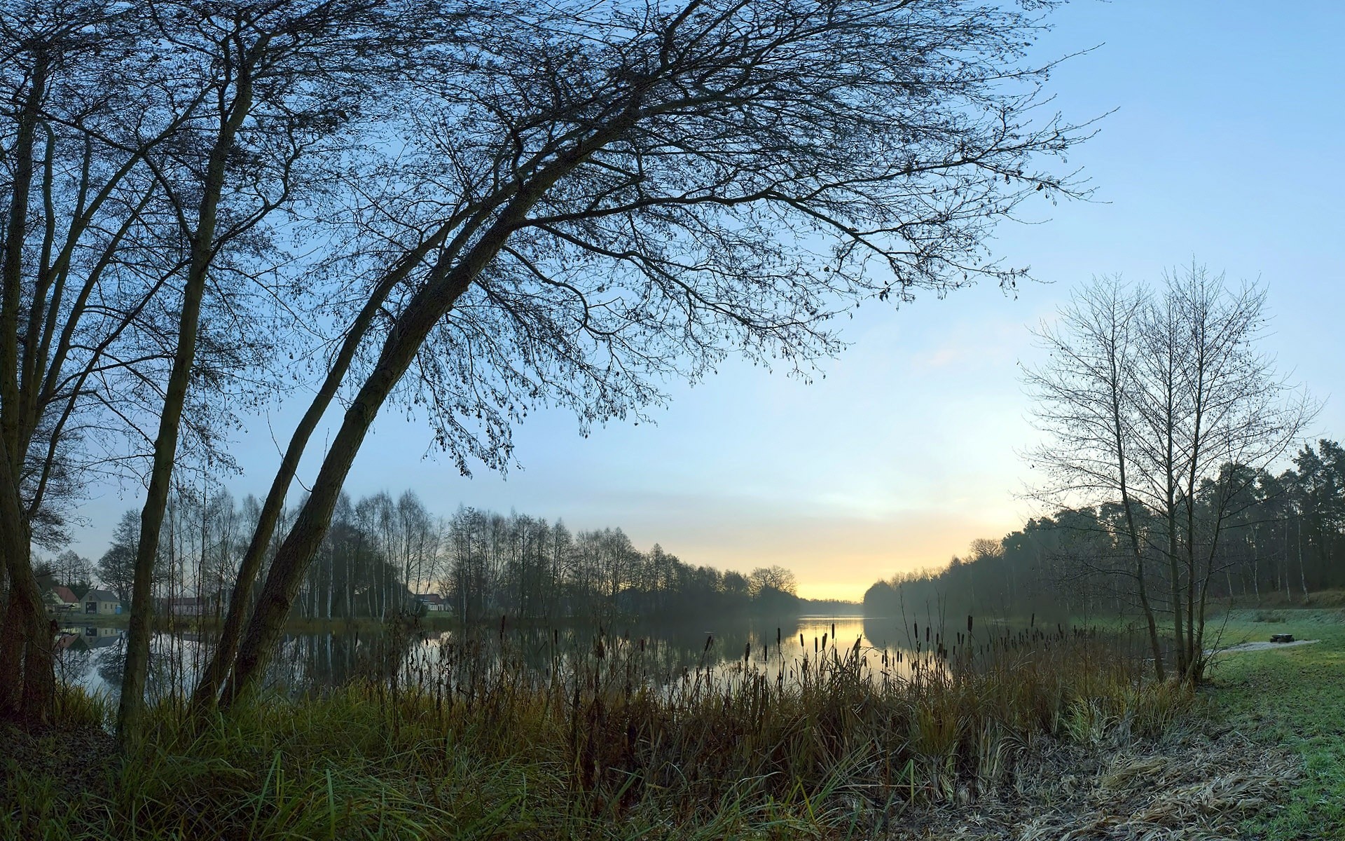 lake landscape tree nature dawn wood fog sky outdoors sun grass fall fair weather scenic season countryside weather mist park
