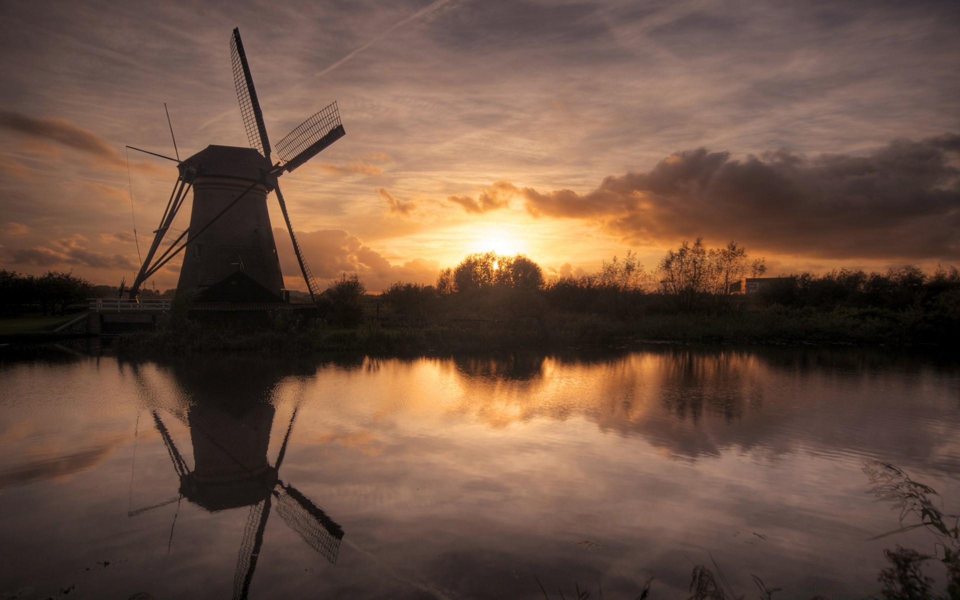 lake windmill sunset water dawn wind grinder reflection landscape silhouette evening sky nature backlit dusk sun river energy