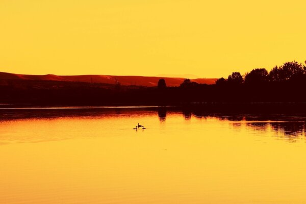 The golden sunset descends on the lake