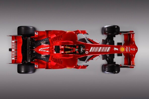 Red Formula 1 racing car. Top view