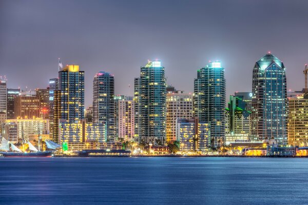 American high-rises in the evening from the sea