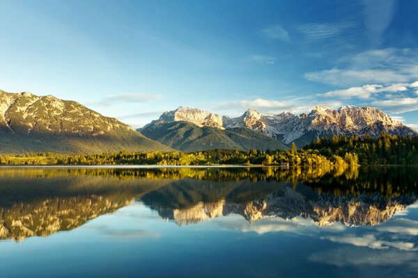 Snowy mountain peaks and a lake