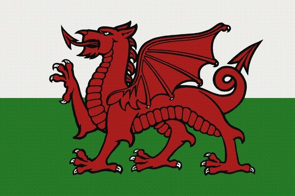White-green flag with a red dragon, coat of arms